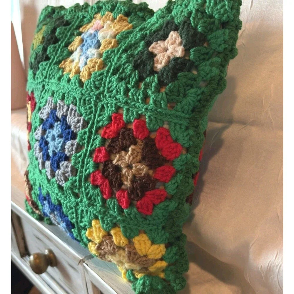 Vintage Square Throw Pillow Hand Made Decor Crocheted 12x12 Nostalgic Boho